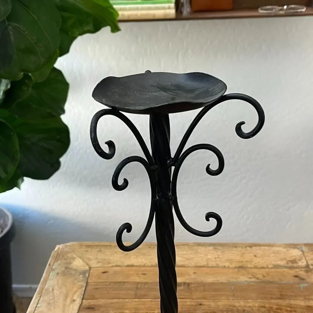 Vintage Black Metal Scroll Candle Holders Stand